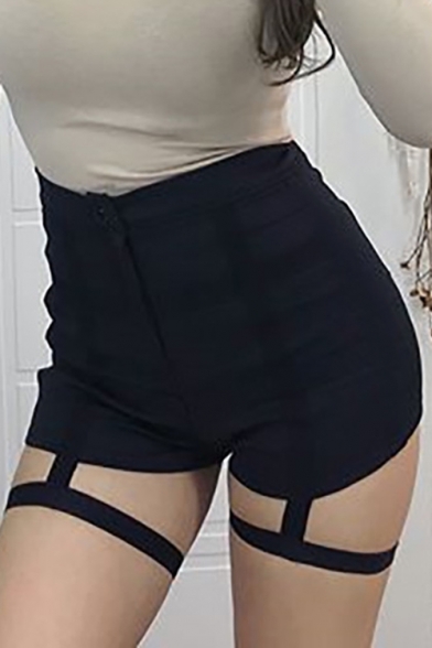 Womens Sexy Hollow Out Tape Patched Black Skinny Fitted Dance Shorts