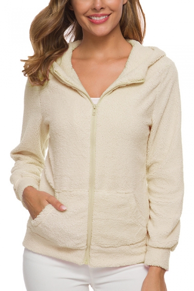 Womens Simple Plain Long Sleeve Zip Up Hooded Fluffy Fleece Coat
