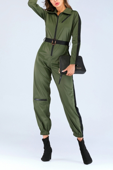 Womens Stylish Green Long Sleeve Contrast Trim Lapel Collar Zipper-Fly Belt-Front Vintage Jumpsuit