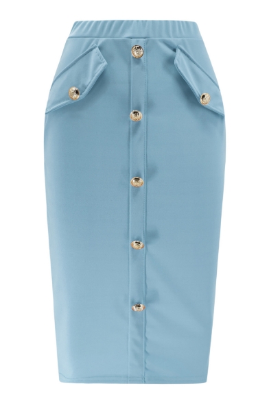 Womens Stylish Simple Plain Fashion Button Down Midi Bodycon Skirt