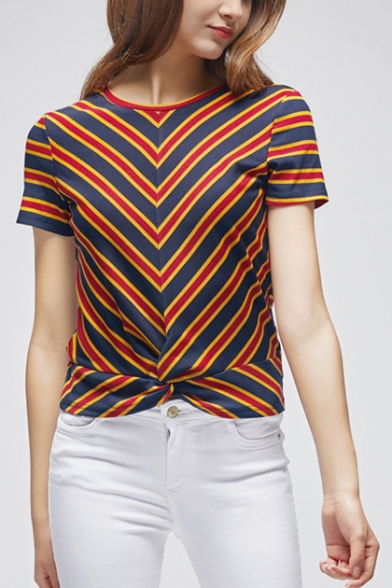 Womens Stylish Striped Printed Round Neck Short Sleeve Slim Fitted T-Shirt