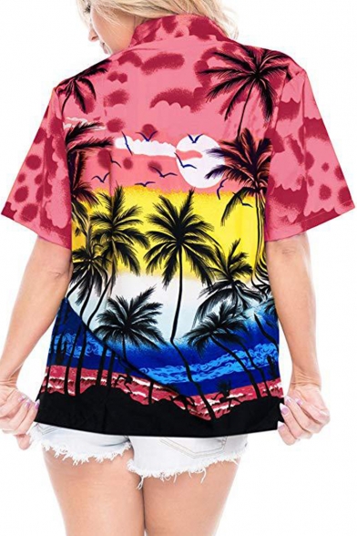 Womens Summer Holiday Tropical Coconut Print Short Sleeve Hawaiian Shirt