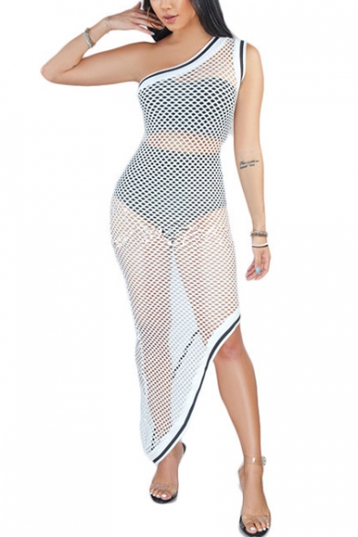 Womens Summer Hot Popular One Shoulder Sleeveless Hollow Mesh Fishnet Maxi Bodycon Dress