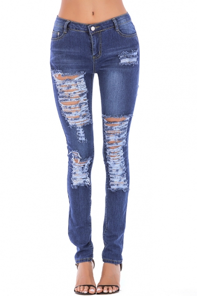 Womens Trendy Blue Destroyed Ripped Slim Fitted Denim Jeans