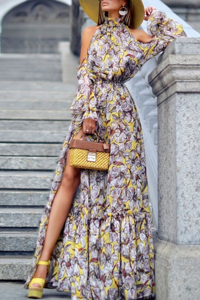 Womens Trendy Halter Neck 3/4 Length Sleeve High Waist Floral Print Flare Elegant Dress
