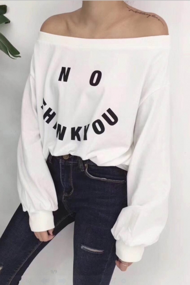 Womens Unique Smile Face Letter NO THANK YOU Print Off Shoulder Long Sleeve White Tee
