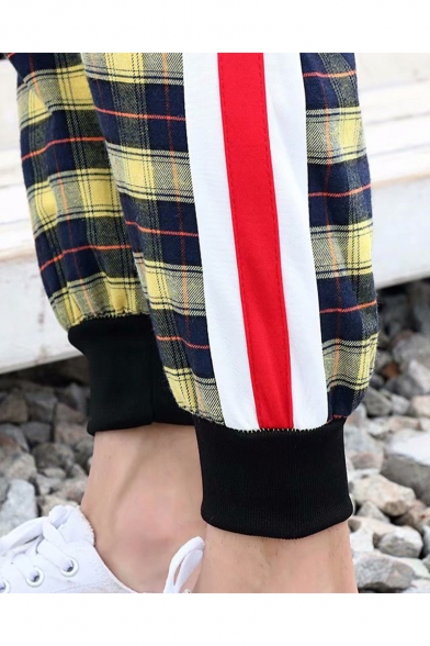 Casual Fashion Plaid Pattern Contrast Stripe Side Drawstring Waist Men's Relaxed Track Pants
