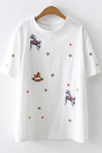 Chic Horse Embroidery Round Neck Short Sleeve Loose T-Shirt