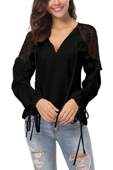 Chic Lace Panel Long Sleeve Tied V-Neck Solid Color Chiffon Blouse