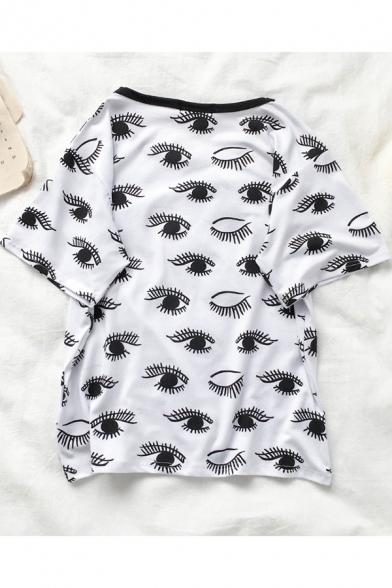 Cool Allover Eyes Printed Round Neck Short Sleeve White Tee