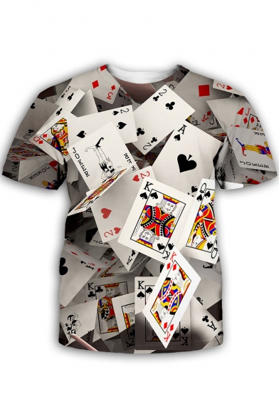 Cool Funny 3D Poker Card Printed Round Neck Short Sleeve White T-Shirt