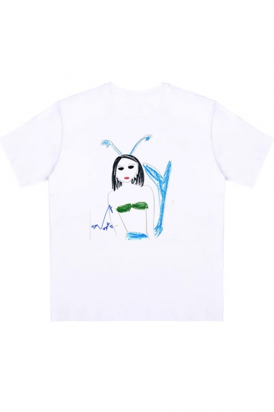 Cool Funny Comic Character Painting Round Neck Short Sleeve White T-Shirt