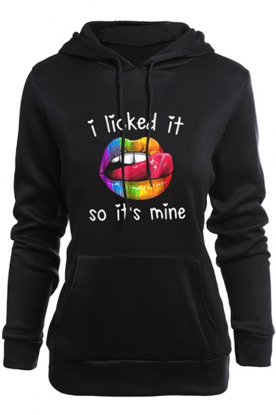 Cool Rainbow Lip Letter I LICKED IT Print Long Sleeve Black Graphic Hoodie