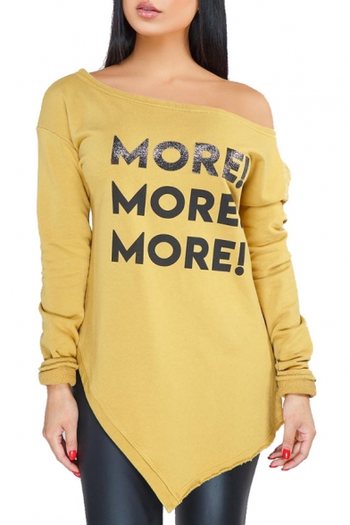 

Cool Simple Letter MORE Printed Oblique One Shoulder Long Sleeve Casual Asymmetrical Sweatshirt, Gray;yellow, LM544272