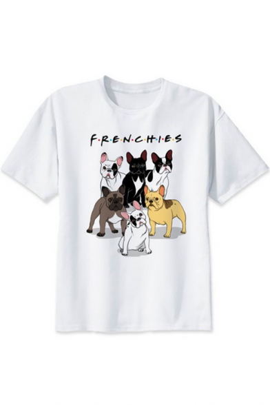 Dot Letter FRENCHIES Dog Printed White Short Sleeve T-Shirt