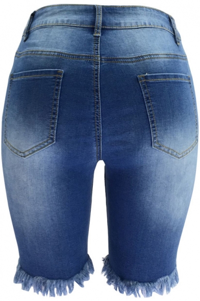 Fashion Dark Blue Destroyed Ripped Raw Hem Womens Stretch Fit Skinny Half Denim Shorts