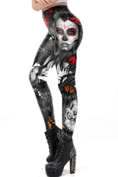 Fashion Halloween Ghost Bride Print High Waist Skinny Fitted Chic Pants Leggings