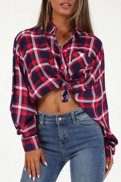 Fashion Sexy Check Print Button Down Chest Front Pocket Knotted Long Sleeve Shirts