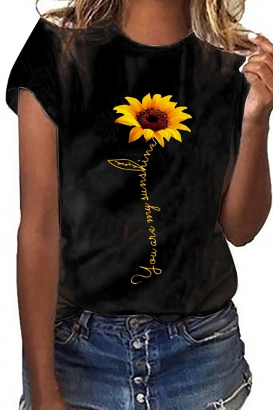 Fashion Summer Simple Sunflower Print Round Neck Short Sleeve Casual Tee