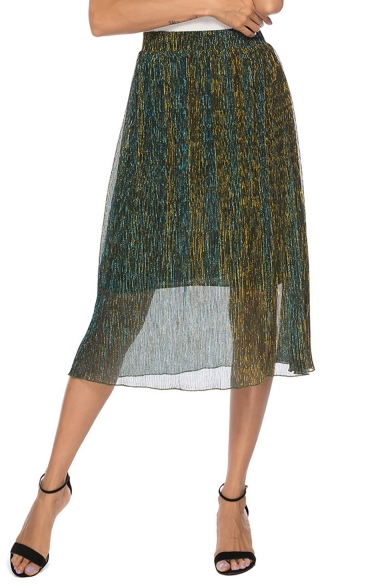 Fashion Womens Metallic Color High Waist Layer Mesh Pleated A-Line Midi Skirt