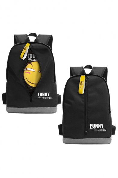 Funny Zipper Face Emoji Cartoon Print Black Students Oxford Backpack 30*16*43cm