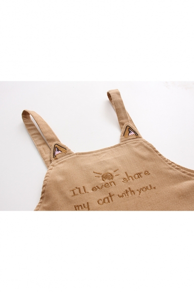 Girls Cute Cat Ear Letter I'LL EVEN SHARE MY CAT WITH YOU Embroidery Casual Mini Corduroy Overall Pinafore Dress