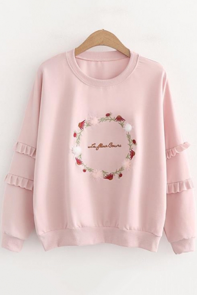 Girls Garland Floral Embroidery Round Neck Ruffled Long Sleeve Pullover Sweatshirt
