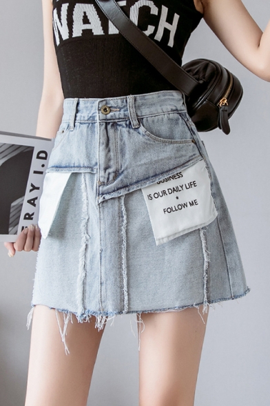 Girls Summer Cool Unique Reverse Letter Pocket Frayed Hem Light Blue Mini A-Line Denim Skirt