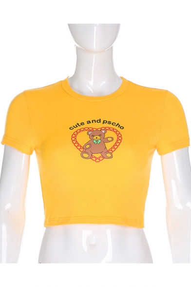 Girls Yellow Cute Heart Teddy Bear Pattern Round Neck Short Sleeve Cropped Slim Tee
