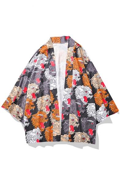 Guys Fashion Allover Tiger Pattern Three-Quarter Sleeve Loose Casual Kimono Blouse