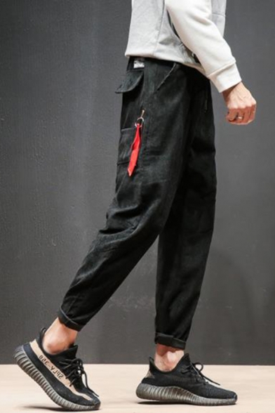 Guys New Fashion Ribbon Embellished Simple Plain Drawstring Waist Corduroy Tapered Pants