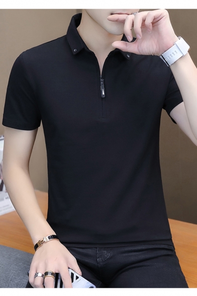 Guys Summer Simple Solid Color Short Sleeve Zipper Collar Fitted Cotton Polo Shirt