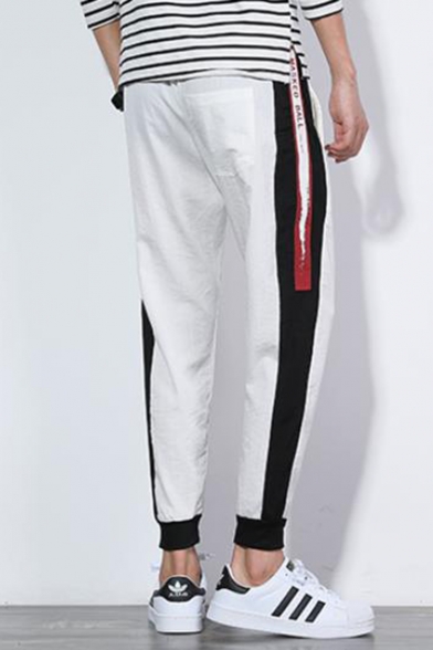 Guys Trendy Colorblock Stripe Side Letter Printed Drawstring Waist Casual Thin Tapered Pants