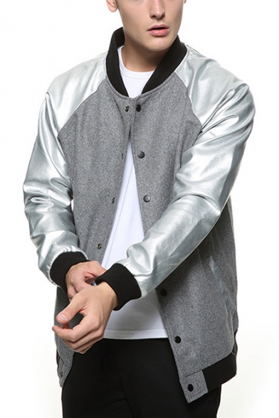 Guys Trendy Stand Collar Long Sleeve Button Down Grey Varsity Baseball Jacket