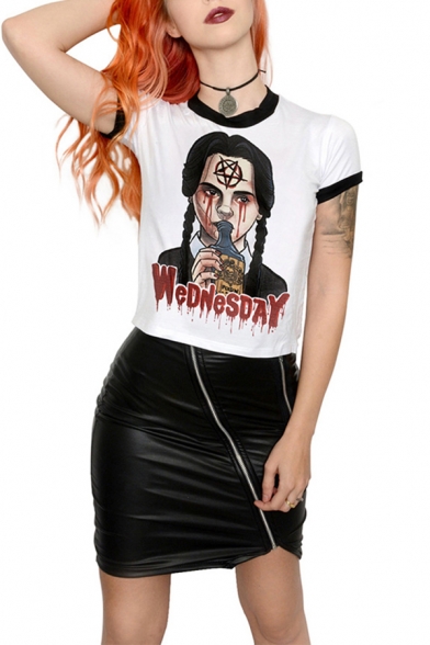 

Halloween Horror Skull Figure Print Contrast Trim Short Sleeve White Crop Tee, Color 1;color 2;color 3, LM548027