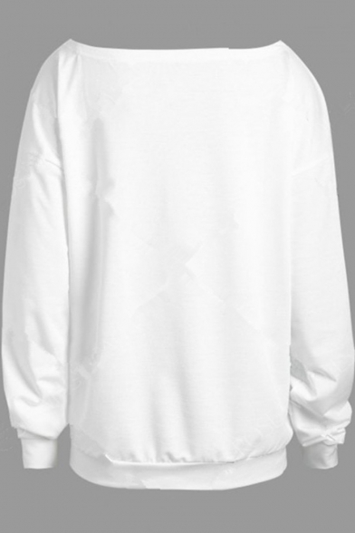 Happy Halloween Cartoon Printed Boat Neck Long Sleeve White Pullover Sweatshirt