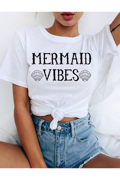 Hot Fashion White Short Sleeve Letter Mermaid Vibes Printed Knotted Front T-Shirts
