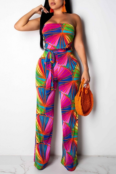 Hot Sexy Womens Strapless Sleeveless Tie Waist Abstract Printed Bandeau Jumpsuits