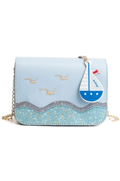Lovely Seagull Wave Ship Pattern Sequin Embellishment Square Crossbody Bag with Chain Strap 19*16*9 CM