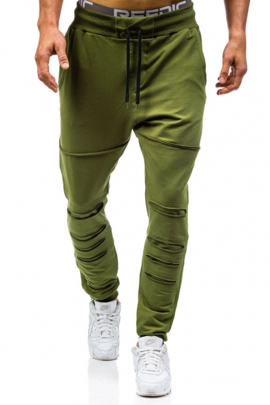 Men's Cool Fashion Ripped Detail Simple Plain Drawstring Waist Casual Sweatpants