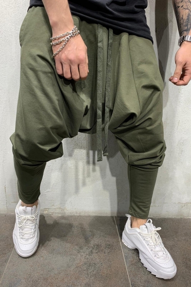 Men's Cool Fashion Simple Plain Drawstring Waist Drop-Crotch Hip Pop Harem Pants