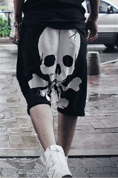 Men's Cool Fashion Skull Printed Cotton Drop-Crotch Shorts for Men