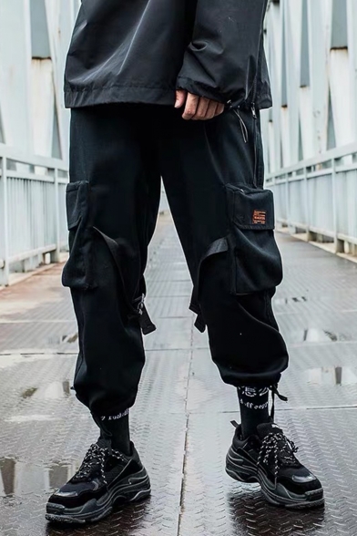 Men's Cool Fashion Solid Color Buckle Strap Embellished Street Trendy Black Multi-pocket Loose Cargo Pants