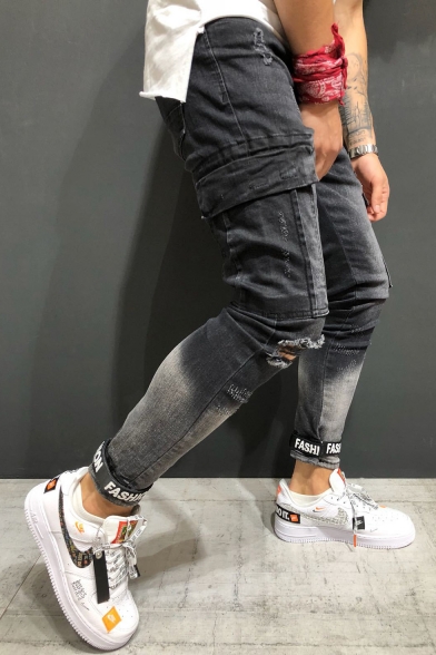 Men's Cool Ombre Color Flap Pocket Side Letter FASHION Printed Ribbon Patched Black Slim Fit Ripped Cargo Jeans