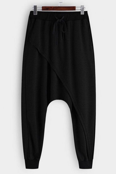 Men's Fashion Simple Plain Drawstring Waist Drop-Crotch Joggers Harem Pants