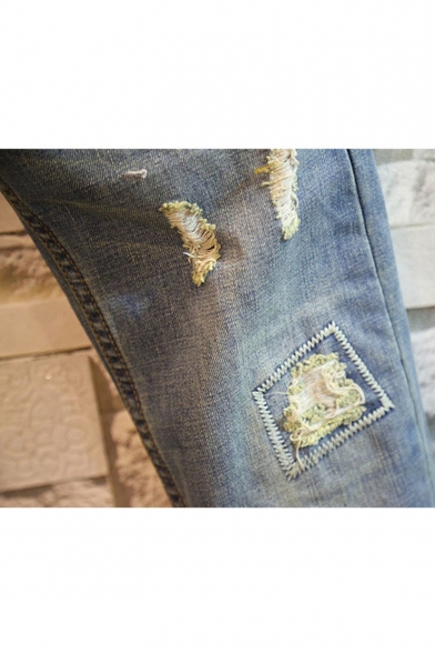 Men's Fashion Vintage Washed Embroidery Detail Light Blue Frayed Ripped Jeans