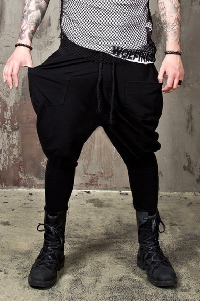 Men's Hot Fashion Simple Plain Drawstring Waist Black Baggy Harem Trousers with Side Pockets