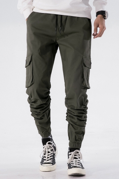 Men's New Fashion Basic Plain Flap Pocket Side Drawstring Waist Elastic Cuffs Casual Cotton Cargo Pants