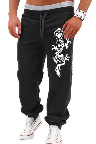 Men's New Fashion Dragon Printed Drawstring Waist Casual Loose Sweatpants