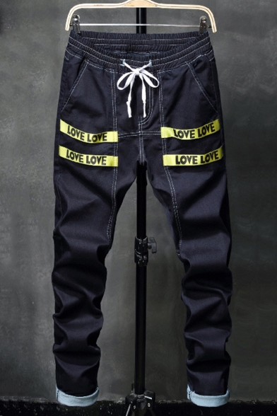 Men's New Fashion Letter LOVE Ribbon Patched Drawstring Waist Dark Blue Jeans